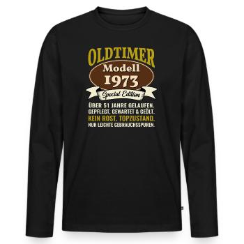 51. Geburtstag Oldtimer Modell 1973 51 Jahre - Männer Premium Bio Langarmshirt - Schwarz - Vorne - Nico (187cm)