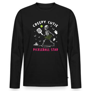 Gruselige Cutie Pickleball Skelett Halloween Frauen - Männer Premium Bio Langarmshirt - Schwarz - Vorne - Nico (187cm)