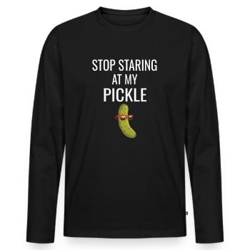 Männer Humor Gurke Stop Staring At My Pickle - Männer Premium Bio Langarmshirt - Schwarz - Vorne - Nico (187cm)