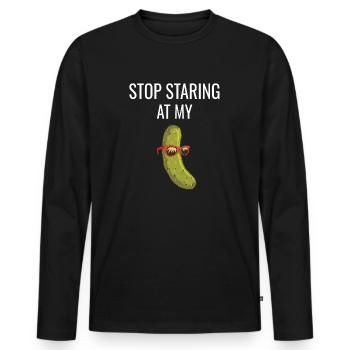 Männer Humor Gurke Stop Staring At My Pickle - Männer Premium Bio Langarmshirt - Schwarz - Vorne - Nico (187cm)