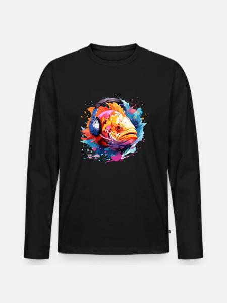 Fisch mit Kopfhörern - Männer Premium Bio Langarmshirt - Schwarz