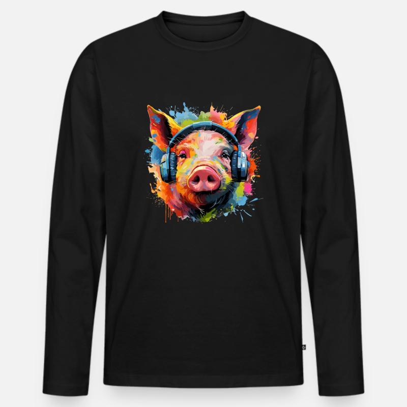 Schwein Kopfhörer - Männer Premium Bio Langarmshirt - Schwarz