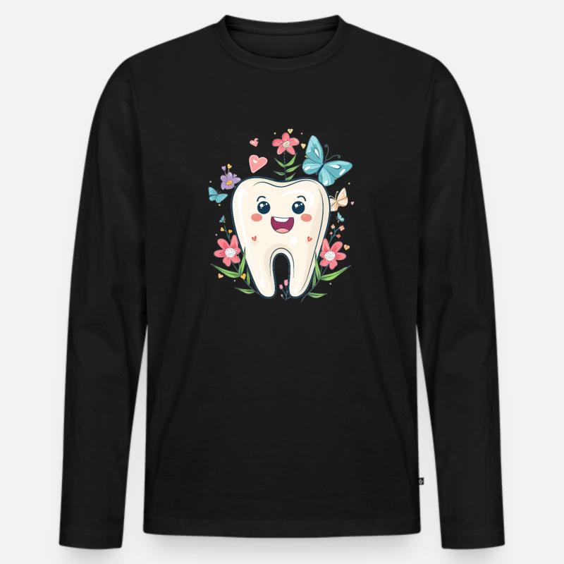 Glücklicher Zahn mit Blumen - Männer Premium Bio Langarmshirt - Schwarz