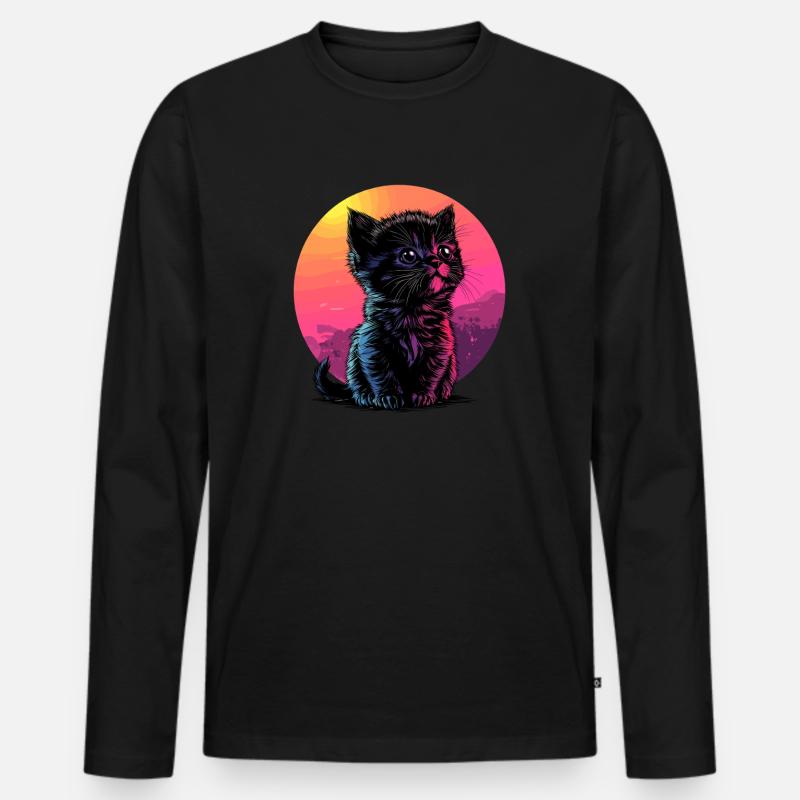 Bunte Sonnenuntergangs-Katze - Männer Premium Bio Langarmshirt - Schwarz