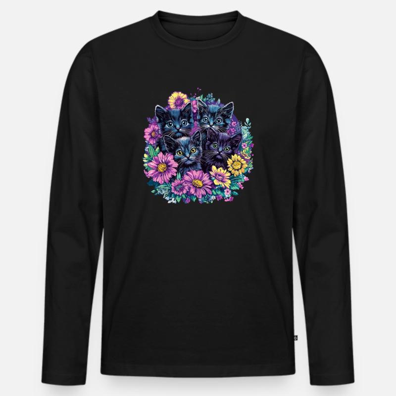 Schwarze Kätzchen mit Blumen - Männer Premium Bio Langarmshirt - Schwarz