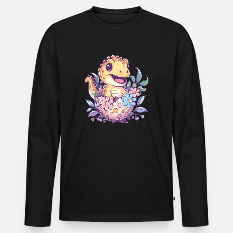 Baby-Dino mit Blumen-Ei - Männer Premium Bio Langarmshirt - Schwarz
