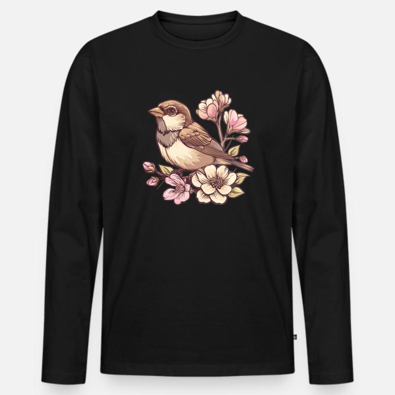 Spatz auf Blütenzweig - Männer Premium Bio Langarmshirt - Schwarz