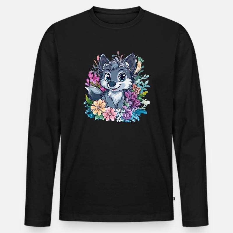 Blumenwolf Cartoon-Stil - Männer Premium Bio Langarmshirt - Schwarz