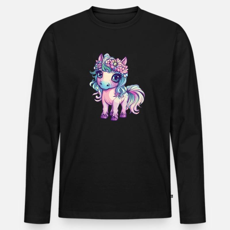 Regenbogenpony mit Blumen - Männer Premium Bio Langarmshirt - Schwarz