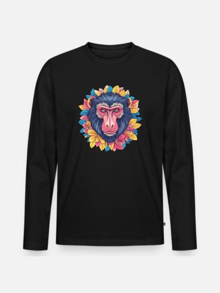Mandrill with flower wreath - Men's Premium Organic Long Sleeve Shirt - black