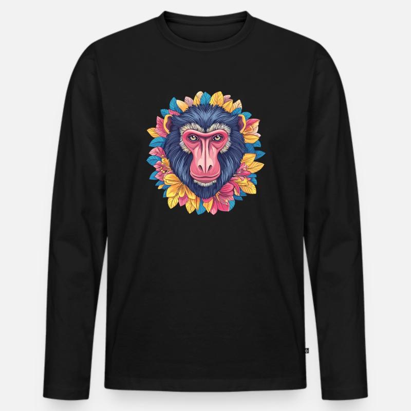 Mandrill mit Blumenkranz - Männer Premium Bio Langarmshirt - Schwarz