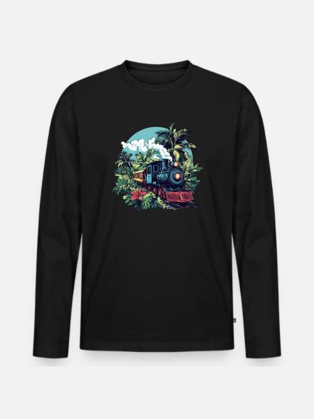 Dampflok durch Palmen - Männer Premium Bio Langarmshirt - Schwarz