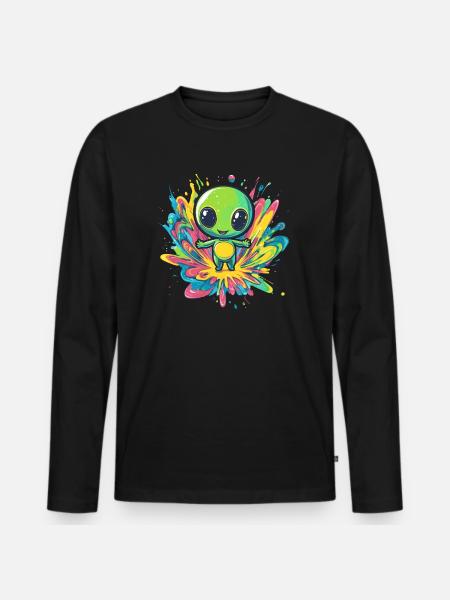 Bunter Alien auf Farbspritzer - Männer Premium Bio Langarmshirt - Schwarz