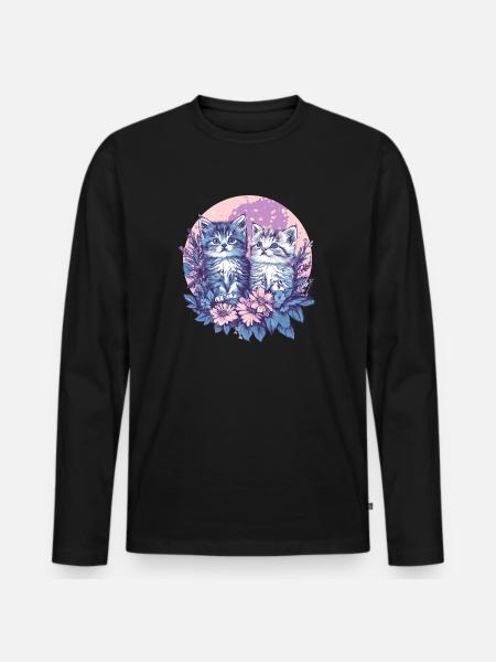 Zwei Kätzchen mit Blumen - Männer Premium Bio Langarmshirt - Schwarz