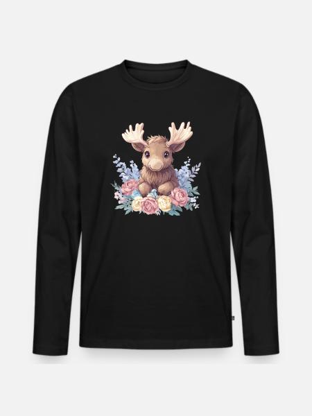Süßer Elch mit Blumen - Männer Premium Bio Langarmshirt - Schwarz