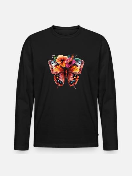 Bunter Schmetterling mit Blumen - Männer Premium Bio Langarmshirt - Schwarz