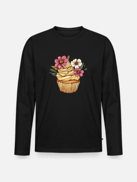 Cupcake mit Blütendekor - Männer Premium Bio Langarmshirt - Schwarz