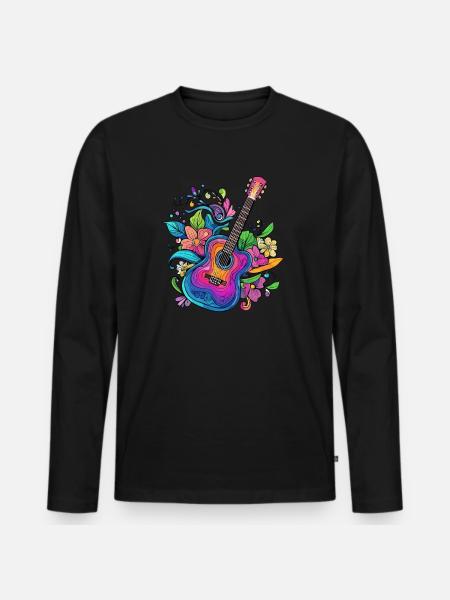 Bunte Gitarre mit Blumen - Männer Premium Bio Langarmshirt - Schwarz