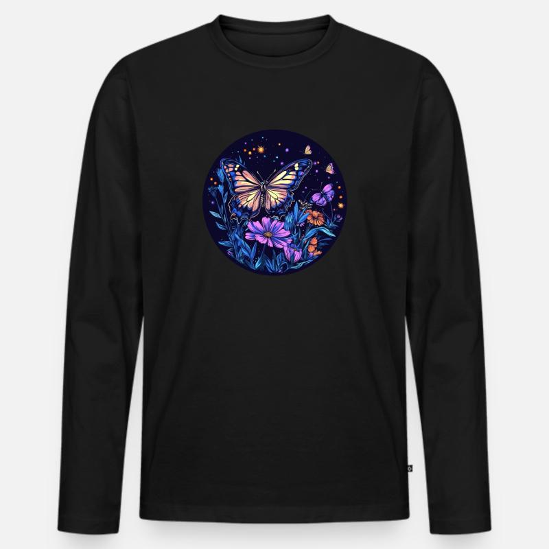 Nachtschmetterling im Blütenfeld - Männer Premium Bio Langarmshirt - Schwarz