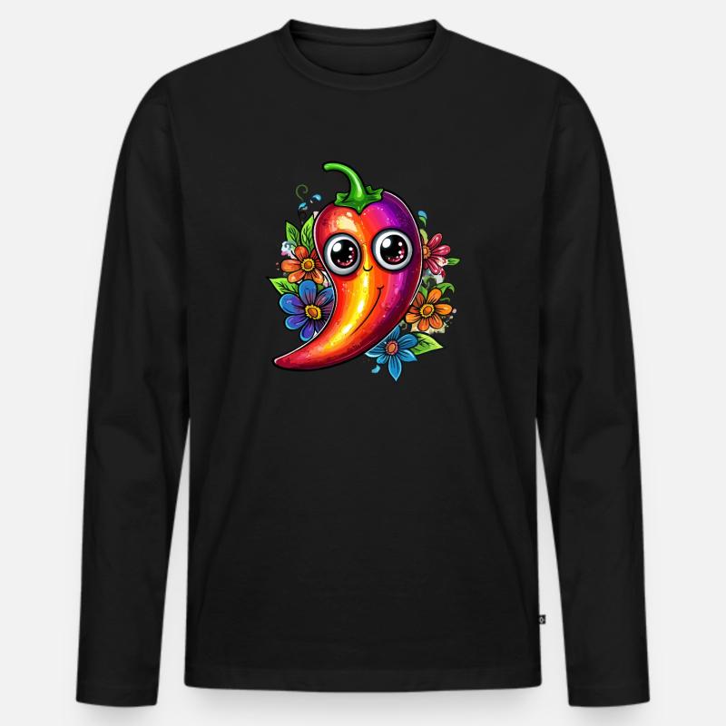 Bunte Chili mit Blumen - Männer Premium Bio Langarmshirt - Schwarz
