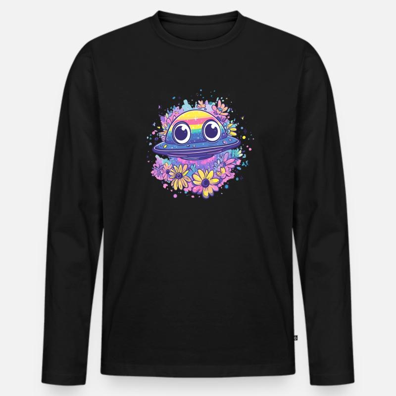 UFO mit Blumenkranz - Männer Premium Bio Langarmshirt - Schwarz
