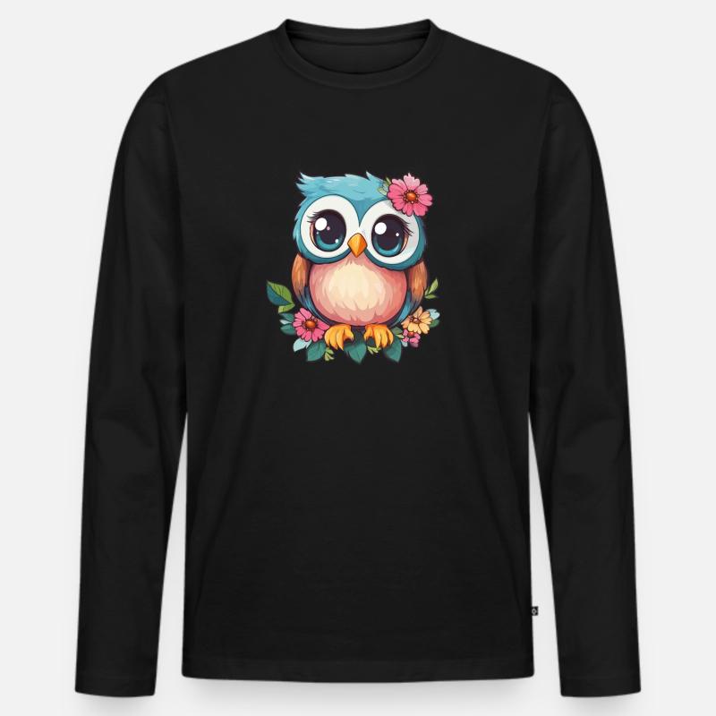 Blümchen Eule mit Charme - Männer Premium Bio Langarmshirt - Schwarz