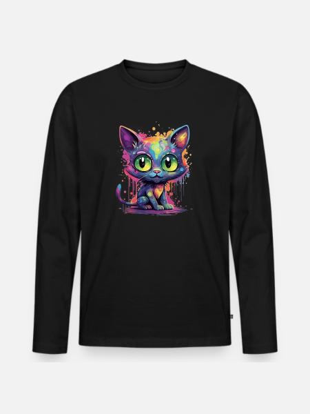 Bunte Neon Katze - Männer Premium Bio Langarmshirt - Schwarz