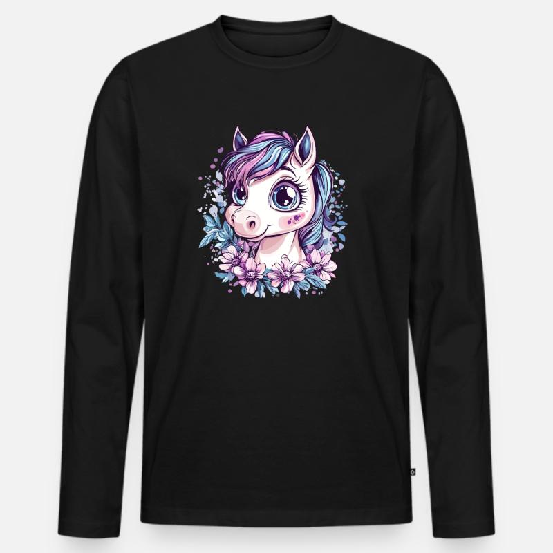 Pony mit Blumenpracht - Männer Premium Bio Langarmshirt - Schwarz