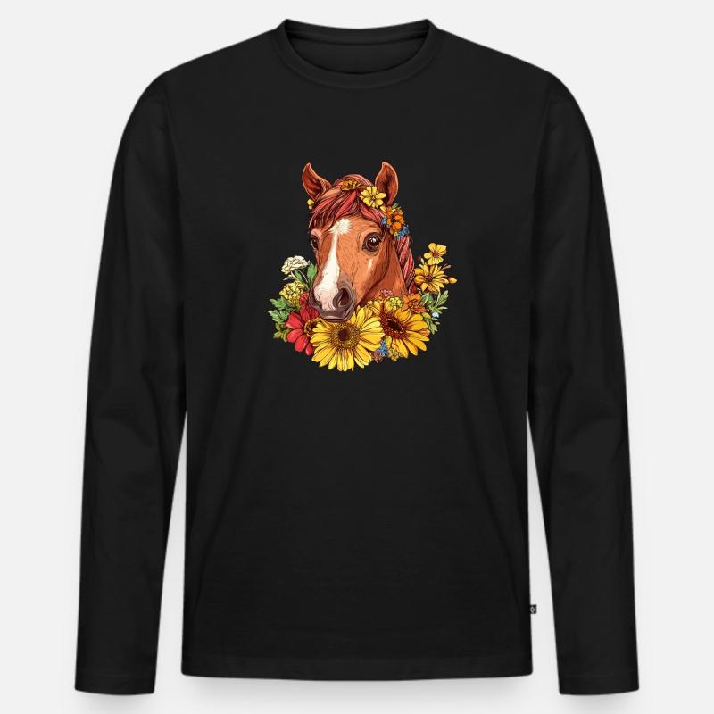 Blumenpferd im Sommerkranz - Männer Premium Bio Langarmshirt - Schwarz