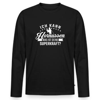 Ich kann Hornussen Superkraft - Männer Premium Bio Langarmshirt - Schwarz - Vorne - Nico (187cm)