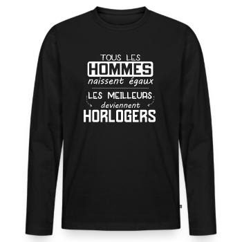 Horloge - Horloger - Pendule - Cadeau - Drôle - T-shirt manches longues Premium bio Homme - noir - Devant - Nico (187cm)