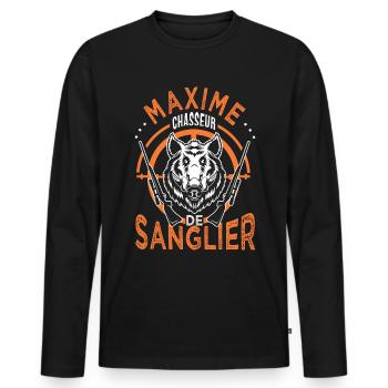 Maxime chasseur de sanglier Cadeau Humour Chasse - T-shirt manches longues Premium bio Homme - noir - Devant - Nico (187cm)