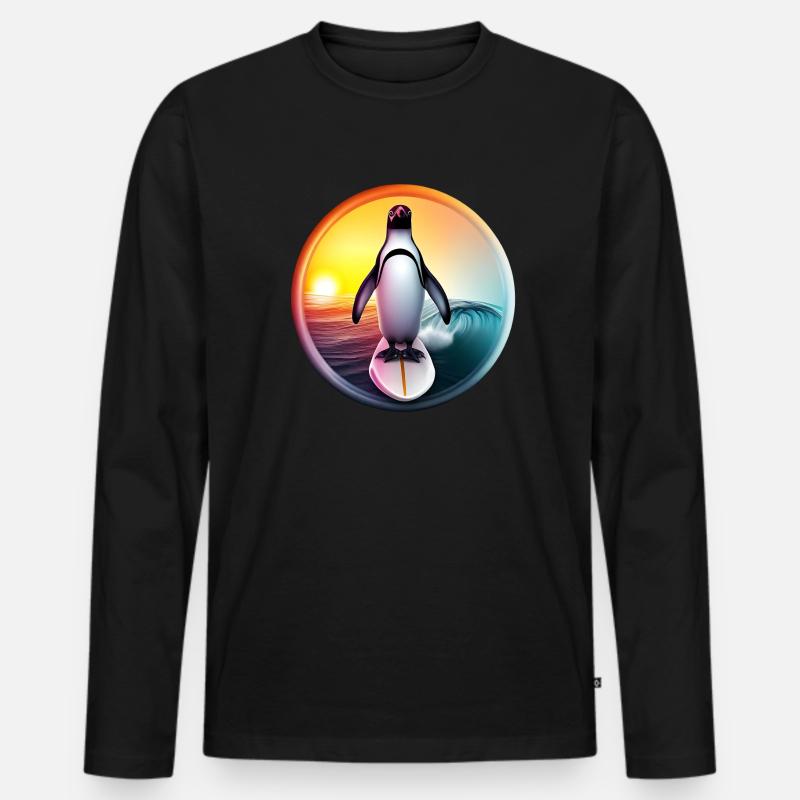 Pinguin Surfer Sonnenuntergang - Männer Premium Bio Langarmshirt - Schwarz