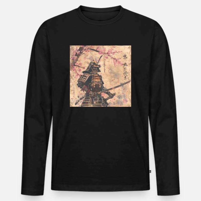Japanisch, Samurai, Kirschblüte, Kunst, Ukiyo-E - Männer Premium Bio Langarmshirt - Schwarz