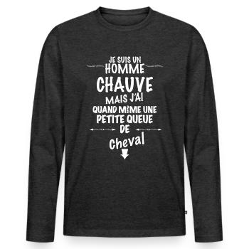 Chauve content de sa petite queue de cheval - T-shirt manches longues Premium bio Homme - anthracite chiné - Devant - Nico (187cm)