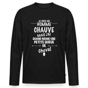 Chauve content de sa petite queue de cheval - T-shirt manches longues Premium bio Homme - noir - Devant - Nico (187cm)