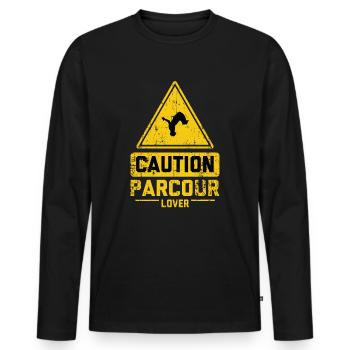 CAUTION PARCOUR LOVER - Männer Premium Bio Langarmshirt - Schwarz - Vorne - Nico (187cm)