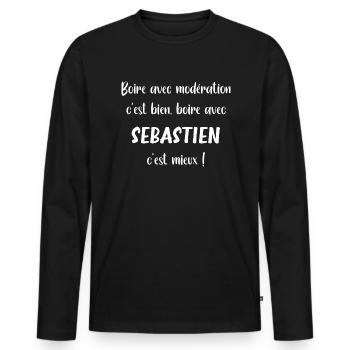 Boire avec sebastien c'est mieux - T-shirt manches longues Premium bio Homme - noir - Devant - Nico (187cm)