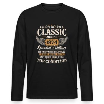 Classic 1974 Vintage Birthday Gift - Men's Premium Organic Long Sleeve Shirt - black - Front - Nico (187cm)