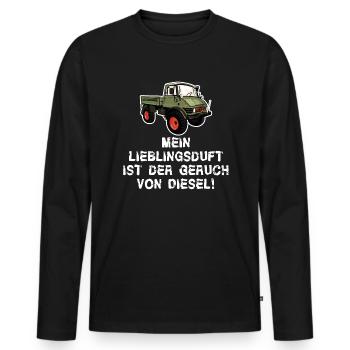 Mein Lieblingsduft ist Diesel! Unimog - Oldtimer - Männer Premium Bio Langarmshirt - Schwarz - Vorne - Nico (187cm)