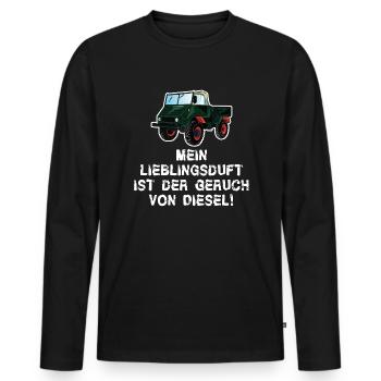 Mein Lieblingsduft ist Diesel! Unimog - Oldtimer - Männer Premium Bio Langarmshirt - Schwarz - Vorne - Nico (187cm)