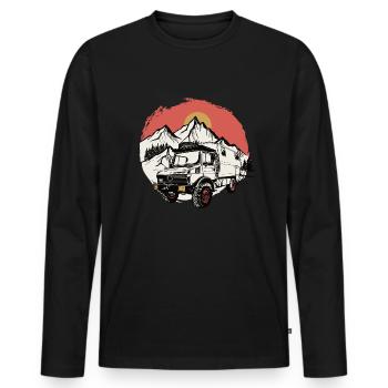 Camping - Unimog - Sonnenuntergang - Oldtimer - Männer Premium Bio Langarmshirt - Schwarz - Vorne - Nico (187cm)