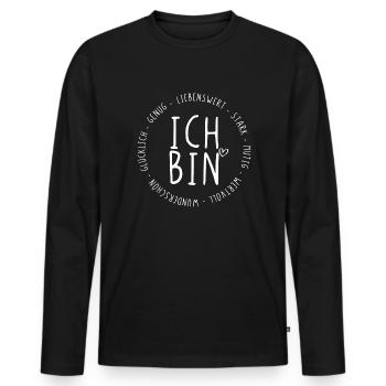 Ich bin Liebenswert Stark Glücklich - Männer Premium Bio Langarmshirt - Schwarz - Vorne - Nico (187cm)