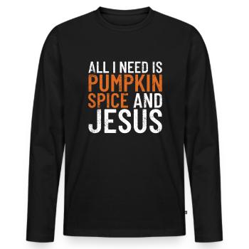 Alles was ich brauche ist K�rbisgew�rz und Jesus T - Männer Premium Bio Langarmshirt - Schwarz - Vorne - Nico (187cm)