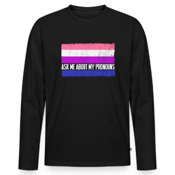 Fragen Sie mich nach meiner Pronomen Genderfluid F - Männer Premium Bio Langarmshirt - Schwarz - Vorne - Nico (187cm)