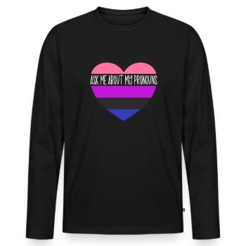 Fragen Sie mich nach meiner Pronomen Genderfluid F - Männer Premium Bio Langarmshirt - Schwarz - Vorne - Nico (187cm)
