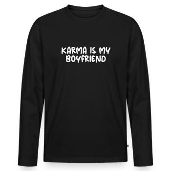 Karma ist mein Freund - Männer Premium Bio Langarmshirt - Schwarz - Vorne - Nico (187cm)