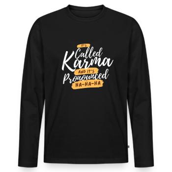 Es hei�t Karma und es ist ausgesprochen ha ha ha - Männer Premium Bio Langarmshirt - Schwarz - Vorne - Nico (187cm)