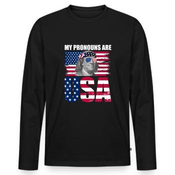 Meine Pronomen sind USA Franklin Patriotic 4. Juli - Männer Premium Bio Langarmshirt - Schwarz - Vorne - Nico (187cm)