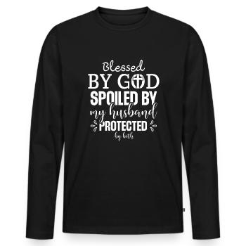 Von Gott gesegnet, von meinem Mann verwöhnt und be - Männer Premium Bio Langarmshirt - Schwarz - Vorne - Nico (187cm)